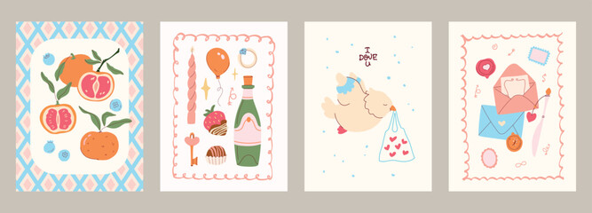 Vector Valentine's Day hearts, chocolate, strawberries and wine illustration collection. Modern hand drawn pastel pink clip art set for books, stationery, banners and social media