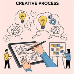 Creative process illustration: brainstorm, idea generation with lightbulbs and sticky notes on whiteboard