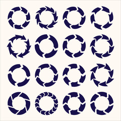 Collection of 16 circular arrow symbols for rotation, cycle and repeat actions in navy blue