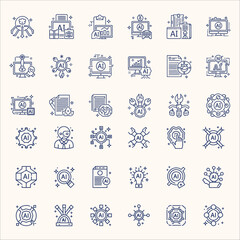Collection of AI Artificial Intelligence icons for technology, data analysis, machine learning, and neural networks.