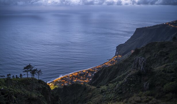 Evening shot, panorama on Paul do Mar, cliffs, Madeira, Portugal