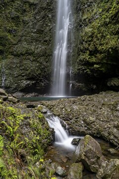 Waterfall on a steep rock face, Levada do Caldeir&atilde;o Verde, Parque Florestal das Queimadas, Madeira, Portugal