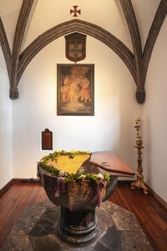 Baptismal font in Funchal Cathedral, Funchal, Madeira, Portugal