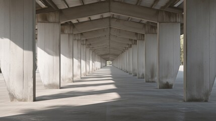 Perspective down a line of concrete pillars under a covered structure