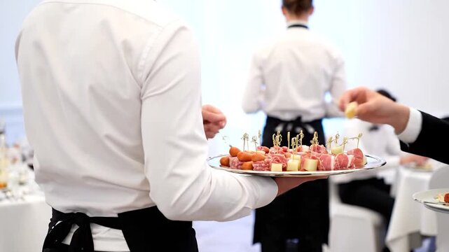 A server holds a tray of appetizers with other servers and a blurred diner in the background