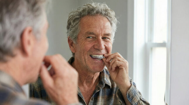 Smiling senior man putting on clear aligners