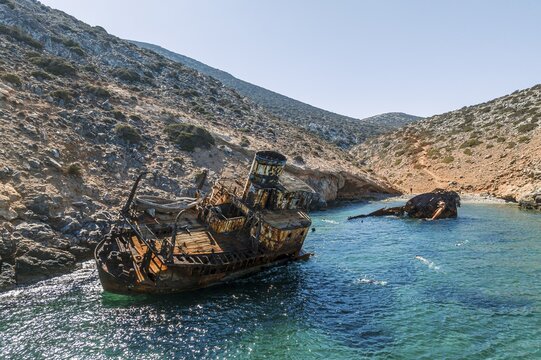 Aerial view, Shipwreck Olympia, Amorgos, Cyclades Island, Aegean Sea, Greece