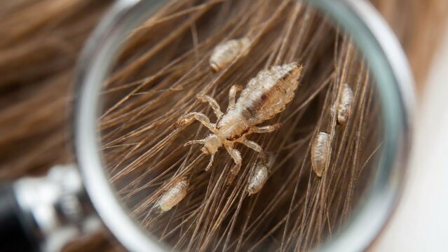 Close view of head lice on human hair under magnifying glass, medical inspection and diagnosis context, itchy discomfort and hygiene concern, back to school season