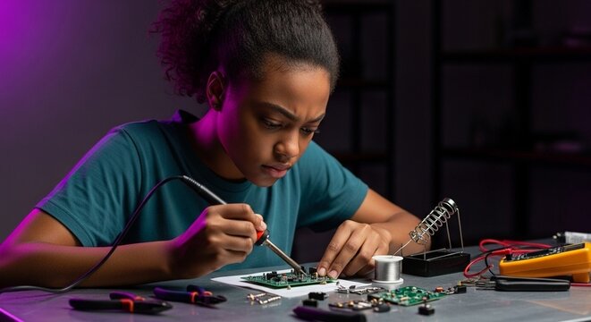 Teen girl repairing circuit board at workbench, focused STEM learning in home lab, electronics tools and soldering practice, back to school maker education
