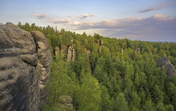 View of sandstone rocks in the evening light from a lookout pulpit, Broumov, Kr&aacute;lov&eacute;hradeck&yacute; kraj, Czech Republic