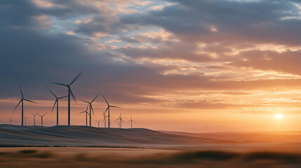 Obraz premium Golden sunset over wind farm with glowing turbines and soft light reflections, symbolizing hope, innovation, and commitment to a sustainable, carbon-neutral world. cinematic color correction,