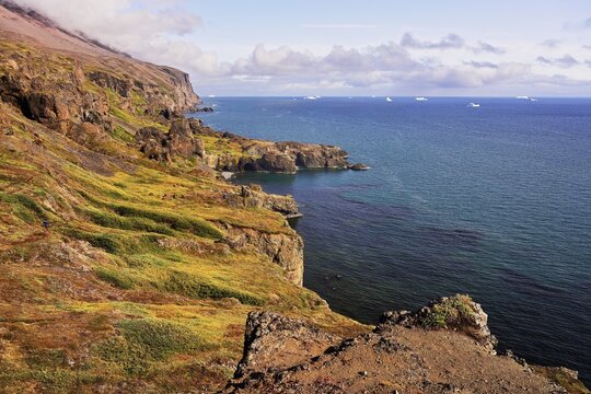 Basalt rock on the coast, Qeqertarsuaq, Disko Island, West Greenland, Greenland