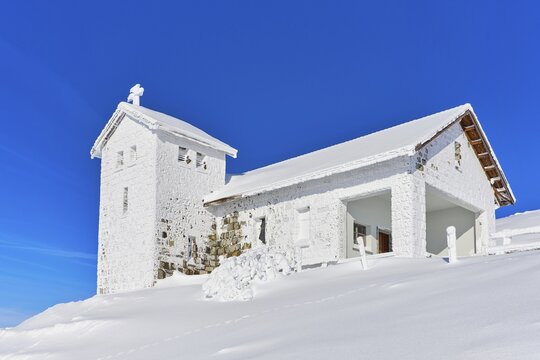 Winter Landscape, Deeply Snowed Mountain Chapel Regina Montium, Rigi Kulm, Canton Schwyz, Switzerland