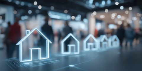  Glowing house icons float over blurred public interior, symbolizing digital real estate services, smart housing, and modern property markets.