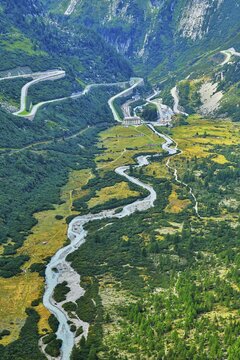 View from the Rhone glacier of the glacial stream and the pass roads, Furka on the left and Grimsel on the right, Gletsch, Canton Valais, Switzerland