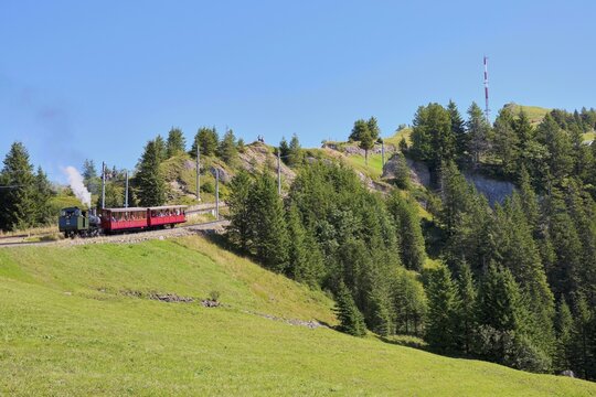 Steam train approaching Rigikulm, Vitznau, Canton Lucerne, Switzerland