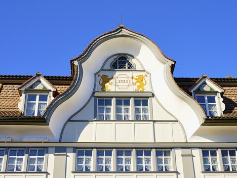 Roof hatch of a typical Appenzell house with wooden fa&ccedil;ade, south-facing, Gais, Appenzell Ausserrhoden, Switzerland