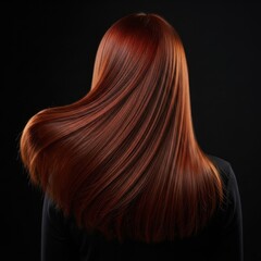 Naklejka premium Beauty concept of woman with long straight shiny red hair isolated on black background.