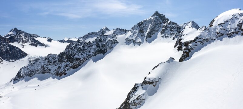 Alpine panorama, Vorderer Wilder Turm, high mountains with glacier Lisener Ferner, mountains in winter with snow, aerial view, Stubai Alps, Tyrol, Austria