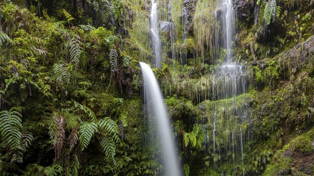 Waterfall between rock faces overgrown with ferns, long exposure, at hiking trail PR9 Levada do Caldeir&atilde;o Verde, Queimadas Forestry Park, Madeira, Portugal
