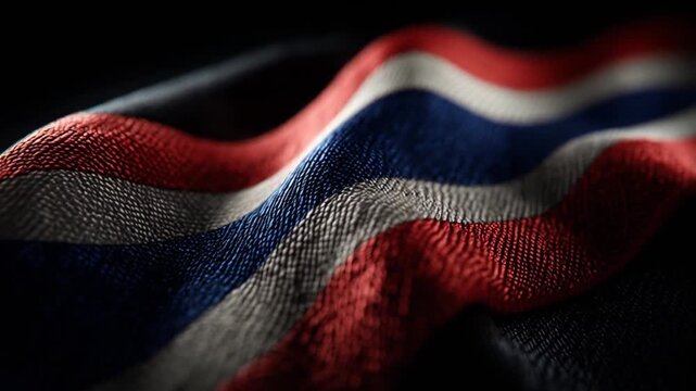 Close-up of a textured fabric, displaying a flag-like design with red, white, and blue stripes