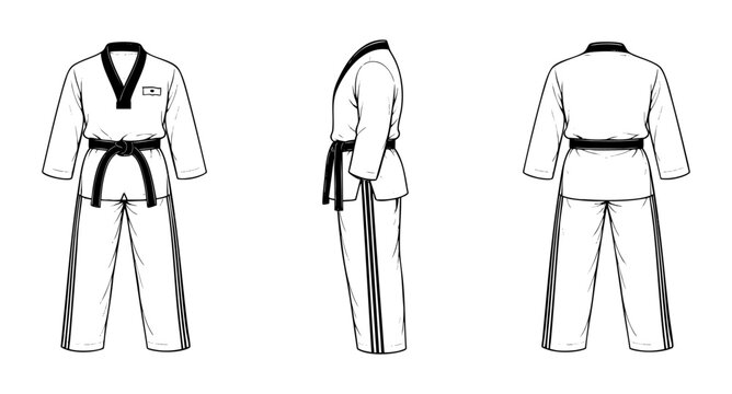 Taekwondo uniform with black belt and chest patch shown in front side and back views martial arts training apparel illustration