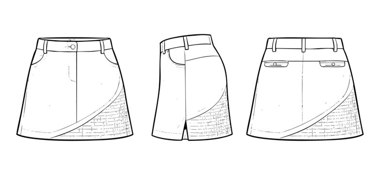 Women&rsquo;s golf skirt skort illustration with wrap front panel, textured insert and pockets shown in front side and back views apparel mockup