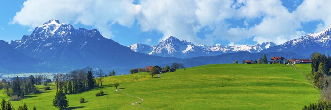 Alpine foothills near Ro&szlig;haupten, behind Neuschwanstein Castle and the S&auml;uling, 2047m, Ostallg&auml;u, Bavaria, Germany