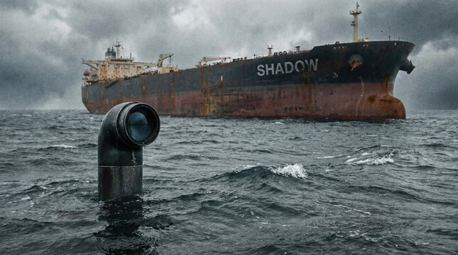 Shadow fleet oil tanker monitored by periscope in rough ocean. Covert maritime surveillance of suspicious vessel during stormy weather.