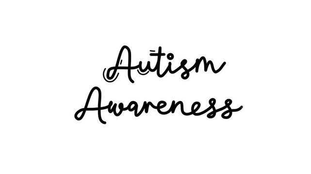 Autism Awareness text word One line continuous animated typography intro outro animation video, hand drawn calligraphy monoline lettering vintage single line handwriting black type on white background