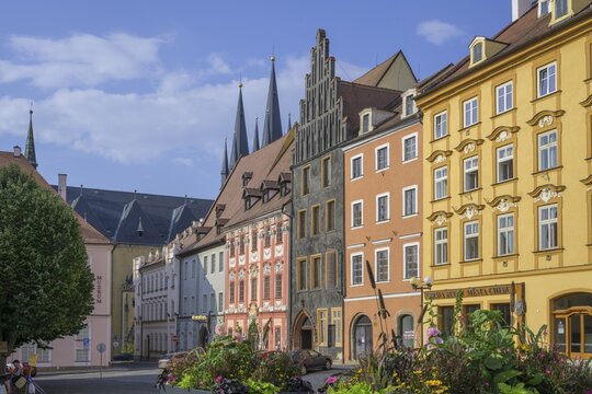 Historic houses on the main square and church towers of St. Nicholas and St. Elisabeth Church, Cheb, Karlovarsk&yacute; kraj, Czech Republic