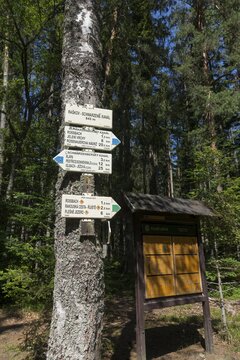 Hiking trail sign at the Schwarzenberg alluvial canal, Nova Pec, Jihočesk&yacute; kraj, Czech Republic