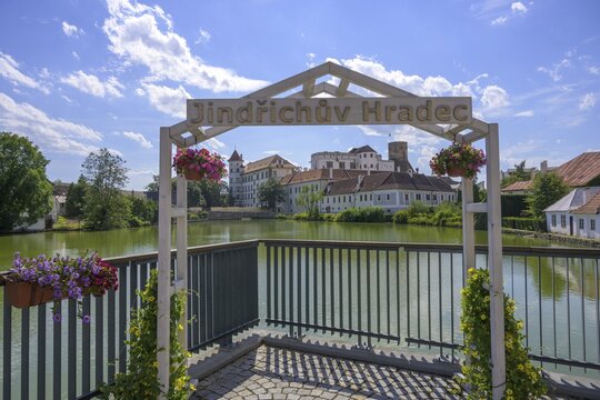 View over pond to castle with lettering, Jindřichův Hradec, Jihočesk&yacute; kraj, Czech Republic