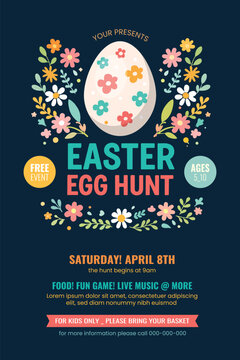 Easter Egg Hunt Poster Template with Colorful Eggs, Holiday Event Flyer Design