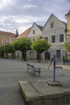 Historical old town with sgraffito house and old fountain, Slavonice, Jihočesk&yacute; kraj, Czech Republic