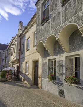 Historic old town with sgraffito houses at Besjdka pub, Slavonice, Jihočesk&yacute; kraj, Czech Republic