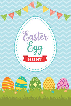 Easter Egg Hunt Poster Template with Colorful Eggs, Holiday Event Flyer Design