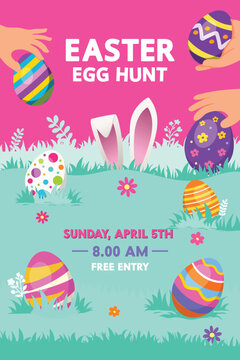 Easter Egg Hunt Poster Template with Colorful Eggs, Holiday Event Flyer Design