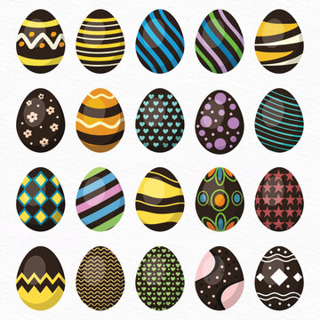 Blue Easter Egg Collection Set with Decorative Patterns, Black Flat Vector Illustration Isolated on White Background