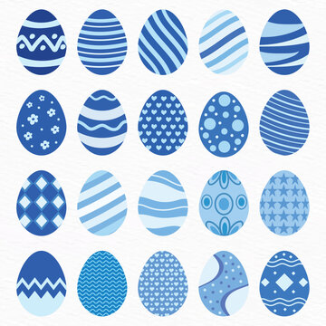 Blue Easter Egg Collection Set with Decorative Patterns &ndash; Blue Flat Vector Illustration Isolated on White Background