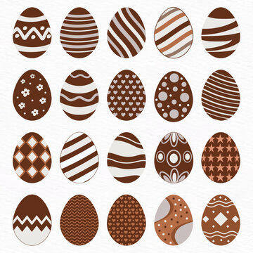 Chocolate Easter Egg Collection Set with Decorative Patterns, Brown Flat Vector Illustration Isolated on White Background