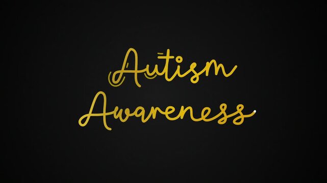 Autism Awareness text word One line continuous animated typography intro outro animation video, hand drawn calligraphy monoline lettering vintage single line handwriting gold golden type on white bg 