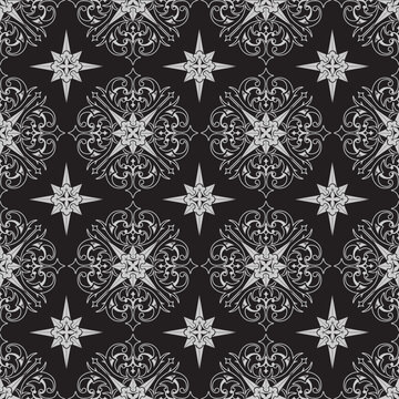 Seamless Vintage Baroque Damask Pattern with Ornamental Stars Vector Illustration