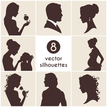 Vintage Human Silhouettes Set Elegant Profile Portraits Vector Collection