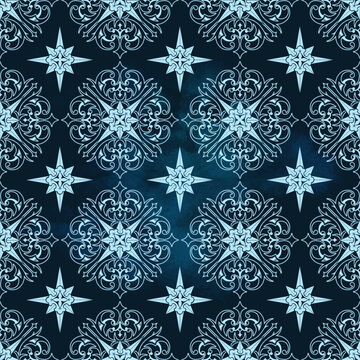 Seamless Vintage Baroque Damask Pattern with Ornamental Stars Vector Illustration