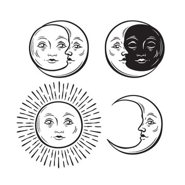 Vintage Celestial Sun and Moon Faces Set Engraving Style Vector Illustration
