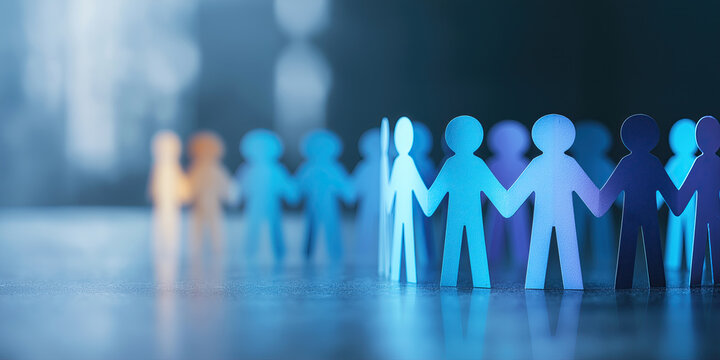Colorful paper figures join hands in a circle symbolizing inclusive community, teamwork, solidarity, support, and strong human relationships.