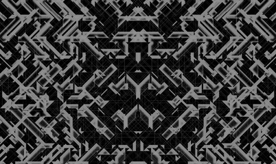 幾何学的な形のオブジェクトが規則的に重なる抽象的、アート、テクノロジーのような要素も兼ね備え灰や黒、メタルの色の配色で機械的でもある柄の模様でデザインしたイラストの画像、装飾物、背景、壁紙、テクスチャのグラフィックの素材