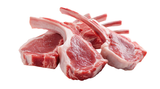 Fresh raw lamb chops with ribs isolated on white background for gourmet grilling.

