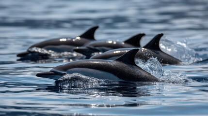 Pod of Dolphins Swimming in the Ocean During Daylight Showcasing Natural Behavior and Water Textures in Open Space